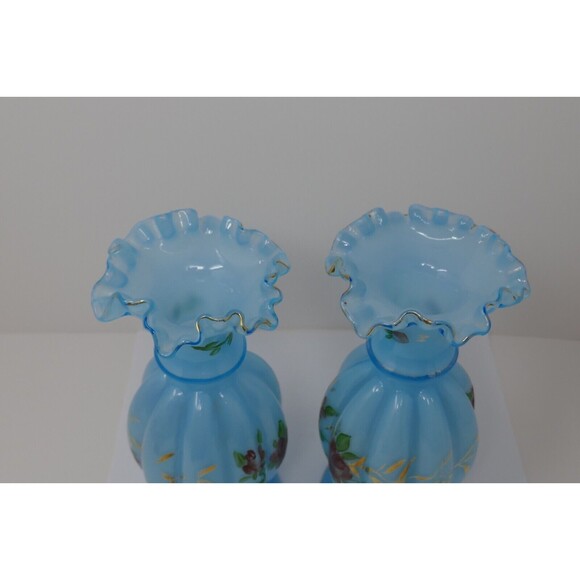 Fenton Melon Hand Painted Floral Blue Glass Vases Gold Trim - Picture 11 of 13